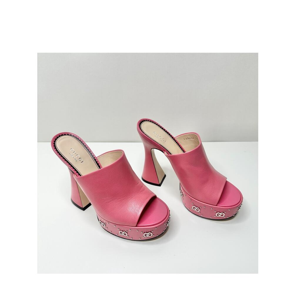 NIB Gucci Janaya Studded GG Platform Sandals EU 39.5 Rhodamine Pink Spool Heel - Picture 4 of 12
